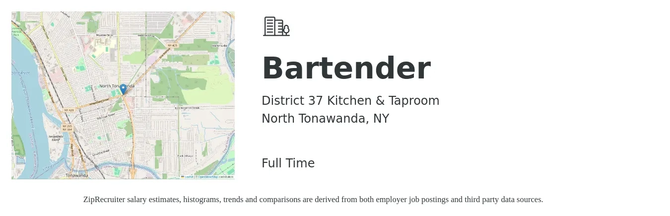 District 37 Kitchen & Taproom job posting for a Bartender in North Tonawanda, NY with a salary of $9 to $18 Hourly with a map of North Tonawanda location.