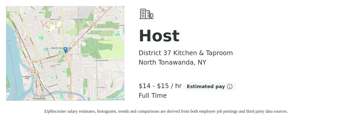 District 37 Kitchen & Taproom job posting for a Host in North Tonawanda, NY with a salary of $15 to $16 Hourly with a map of North Tonawanda location.