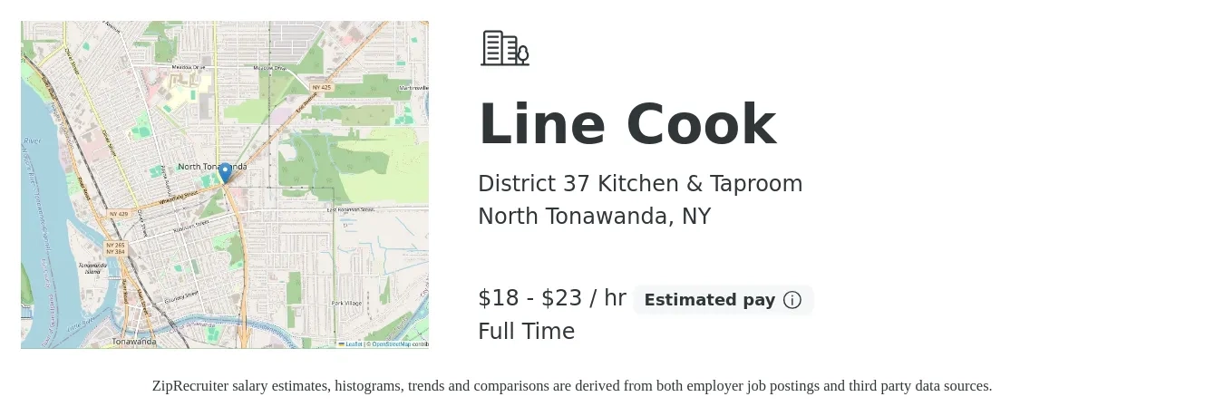 District 37 Kitchen & Taproom job posting for a Line Cook in North Tonawanda, NY with a salary of $19 to $24 Hourly with a map of North Tonawanda location.