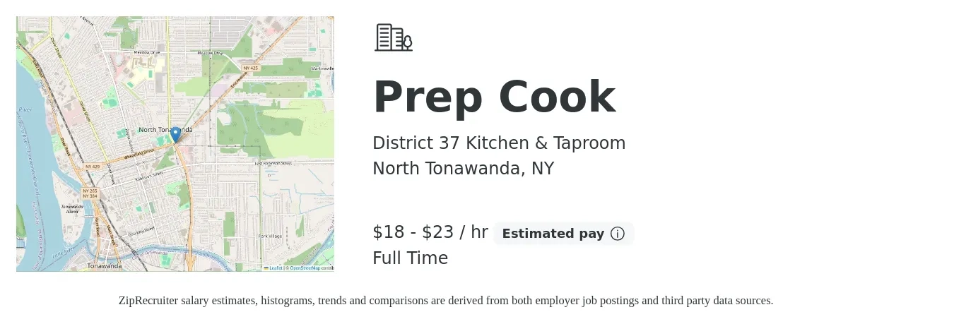 District 37 Kitchen & Taproom job posting for a Prep Cook in North Tonawanda, NY with a salary of $19 to $24 Hourly with a map of North Tonawanda location.