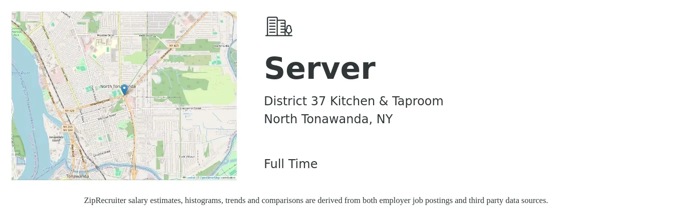 District 37 Kitchen & Taproom job posting for a Server in North Tonawanda, NY with a salary of $10 to $17 Hourly with a map of North Tonawanda location.