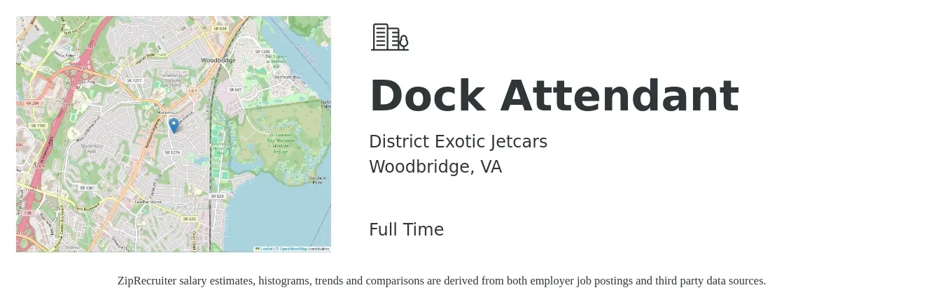 District Exotic Jetcars job posting for a Dock Attendant in Woodbridge, VA with a salary of $14 to $17 Hourly with a map of Woodbridge location.