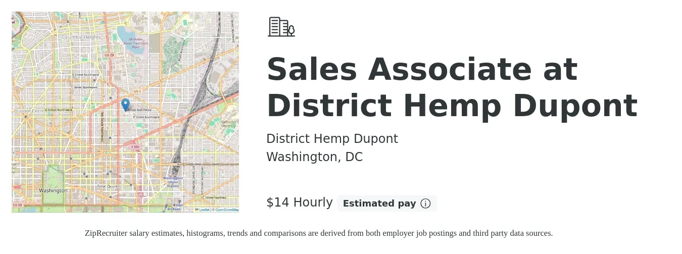 District Hemp Dupont job posting for a Sales Associate at District Hemp Dupont in Washington, DC with a salary of $15 Hourly with a map of Washington location.