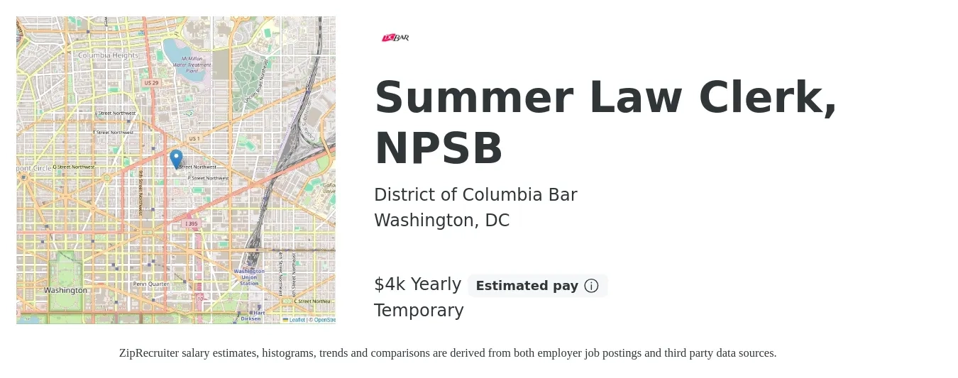 District of Columbia Bar job posting for a Summer Law Clerk, NPSB in Washington, DC with a salary of $4,000 Yearly with a map of Washington location.