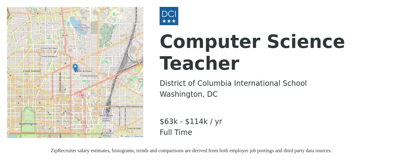 District of Columbia International School job posting for a Computer Science Teacher in Washington, DC with a salary of $63,113 to $114,845 Yearly with a map of Washington location.