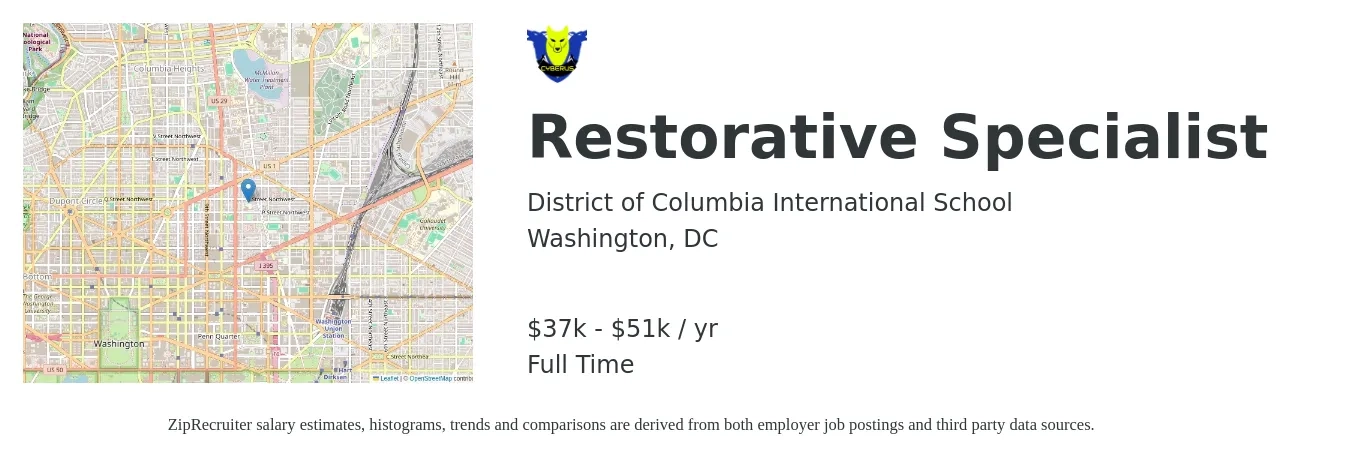 District of Columbia International School job posting for a Restorative Specialist in Washington, DC with a salary of $37,800 to $51,450 Yearly with a map of Washington location.