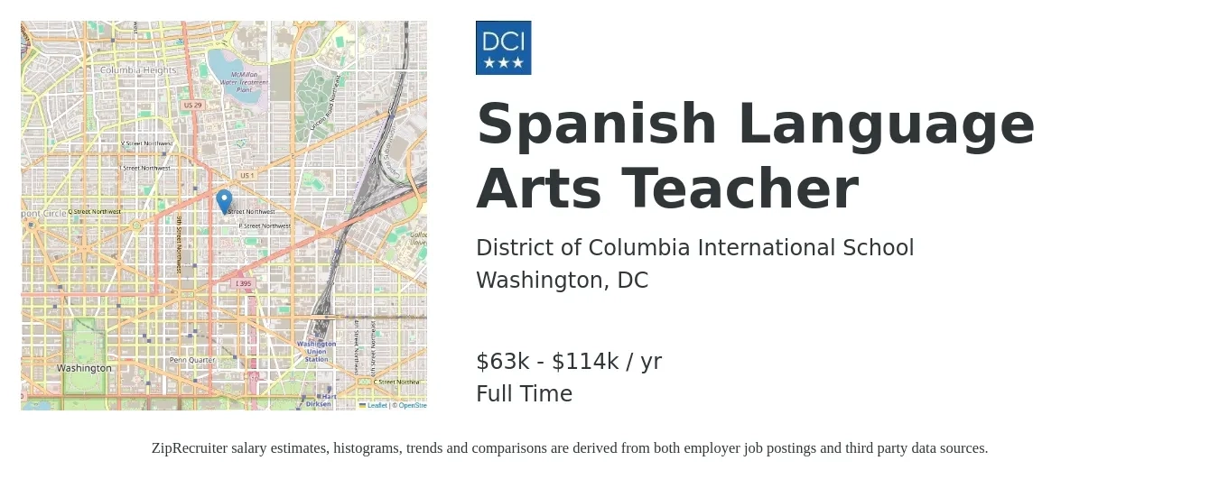 District of Columbia International School job posting for a Spanish Language Arts Teacher in Washington, DC with a salary of $63,113 to $114,845 Yearly with a map of Washington location.