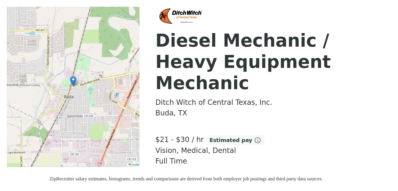 Ditch Witch of Central Texas, Inc. job posting for a Diesel Mechanic / Heavy Equipment Mechanic in Buda, TX with a salary of $22 to $32 Hourly and benefits including medical, retirement, vision, dental, and life_insurance with a map of Buda location.