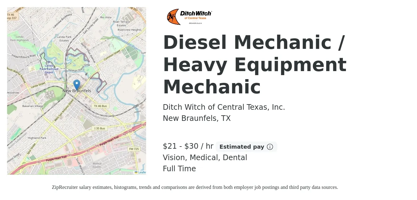 Ditch Witch of Central Texas, Inc. job posting for a Diesel Mechanic / Heavy Equipment Mechanic in New Braunfels, TX with a salary of $22 to $32 Hourly and benefits including vision, dental, life_insurance, medical, and retirement with a map of New Braunfels location.