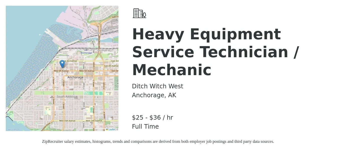 Ditch Witch West job posting for a Heavy Equipment Service Technician / Mechanic in Anchorage, AK with a salary of $26 to $38 Hourly with a map of Anchorage location.