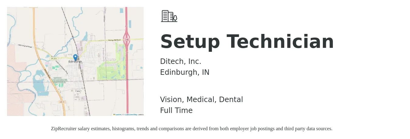 Ditech, Inc. job posting for a Setup Technician in Edinburgh, IN with a salary of $19 to $23 Hourly and benefits including pto, retirement, vision, dental, life_insurance, and medical with a map of Edinburgh location.
