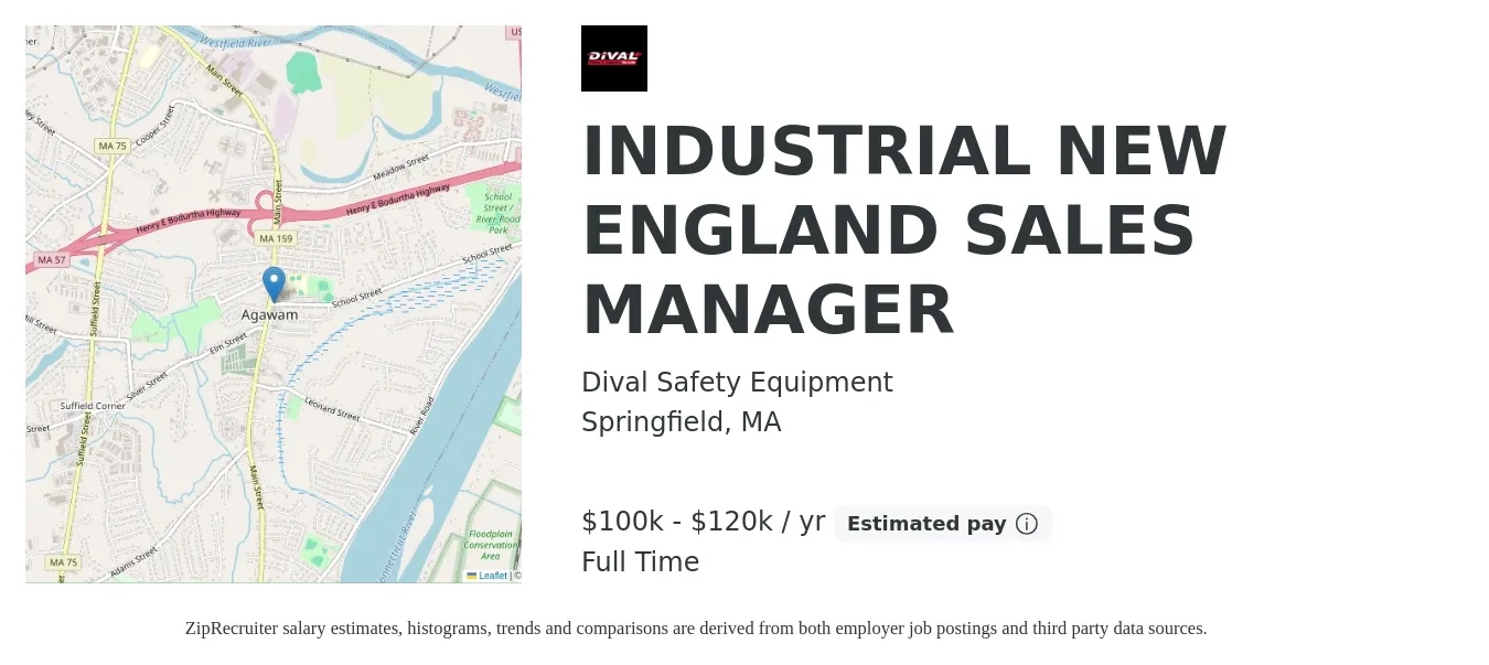 Dival Safety Equipment job posting for a INDUSTRIAL NEW ENGLAND SALES MANAGER in Springfield, MA with a salary of $100,000 to $120,000 Yearly with a map of Springfield location.