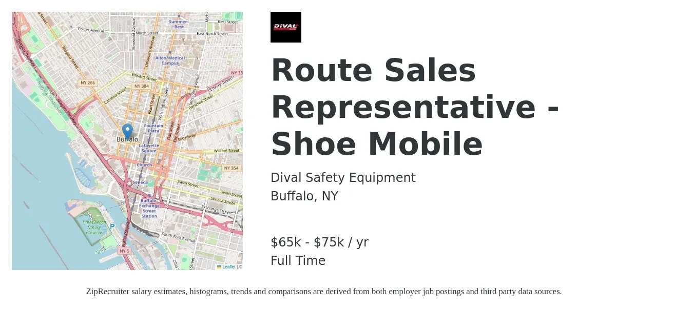 Dival Safety Equipment job posting for a Route Sales Representative - Shoe Mobile in Buffalo, NY with a salary of $65,000 to $75,000 Yearly with a map of Buffalo location.