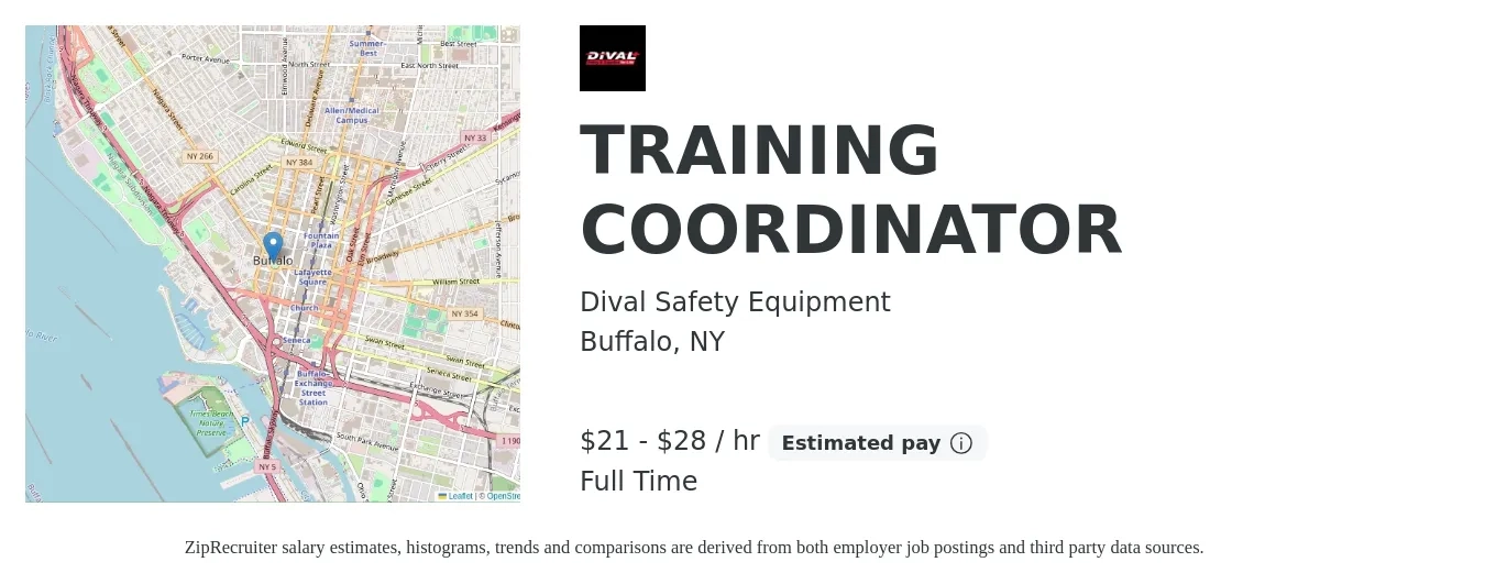 Dival Safety Equipment job posting for a TRAINING COORDINATOR in Buffalo, NY with a salary of $22 to $30 Hourly with a map of Buffalo location.