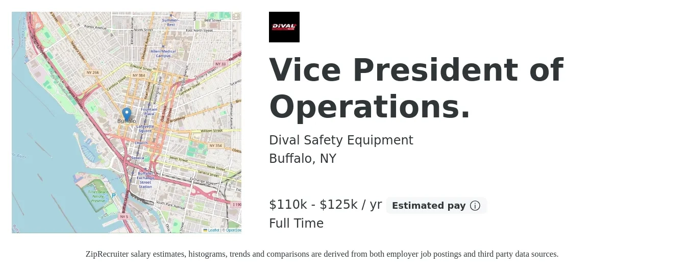 Dival Safety Equipment job posting for a Vice President of Operations. in Buffalo, NY with a salary of $110,000 to $125,000 Yearly with a map of Buffalo location.