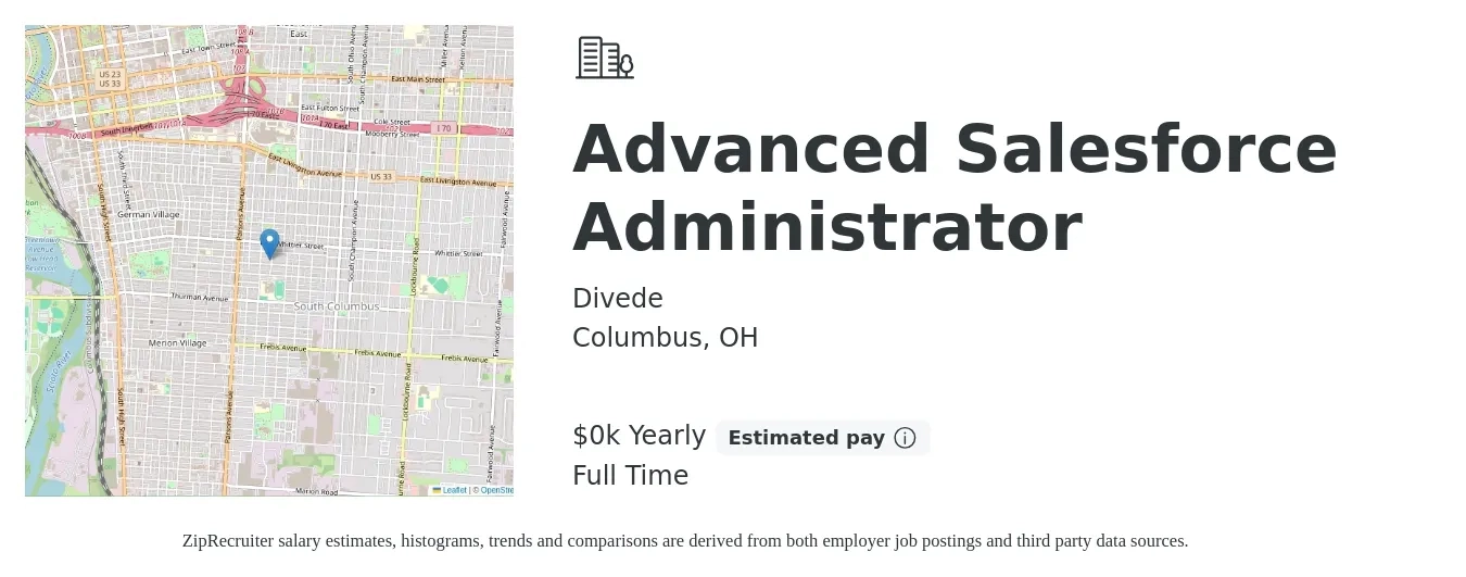 Divede job posting for a Advanced Salesforce Administrator in Columbus, OH with a salary of $70 to $90 Yearly with a map of Columbus location.