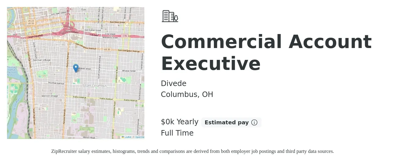 Divede job posting for a Commercial Account Executive in Columbus, OH with a salary of $50 to $90 Yearly with a map of Columbus location.