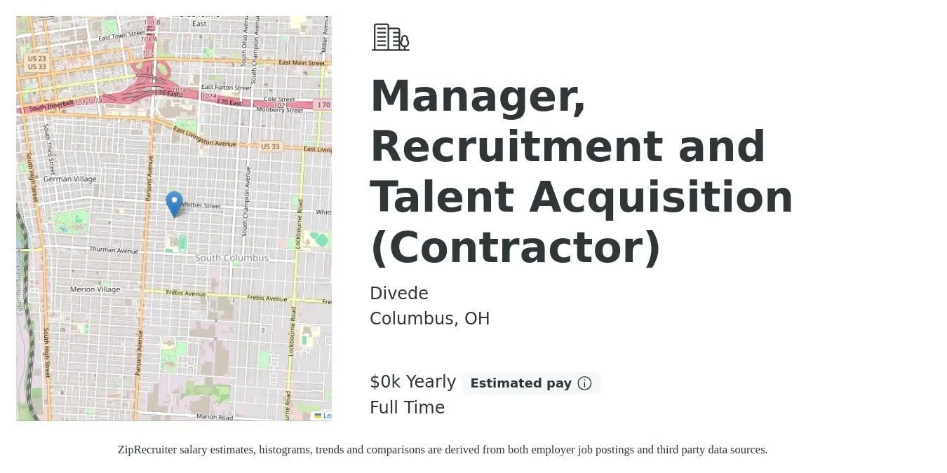 Divede job posting for a Manager, Recruitment and Talent Acquisition (Contractor) in Columbus, OH with a salary of $66,700 to $95,900 Yearly with a map of Columbus location.