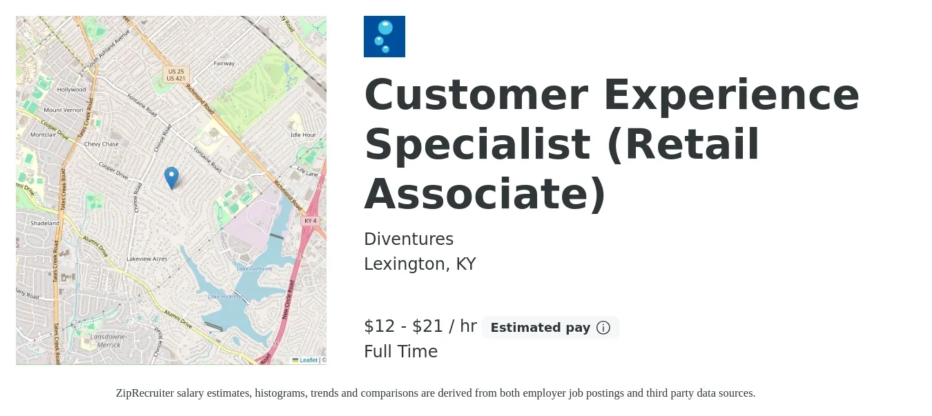 Diventures job posting for a Customer Experience Specialist (Retail Associate) in Lexington, KY with a salary of $12 to $22 Hourly with a map of Lexington location.