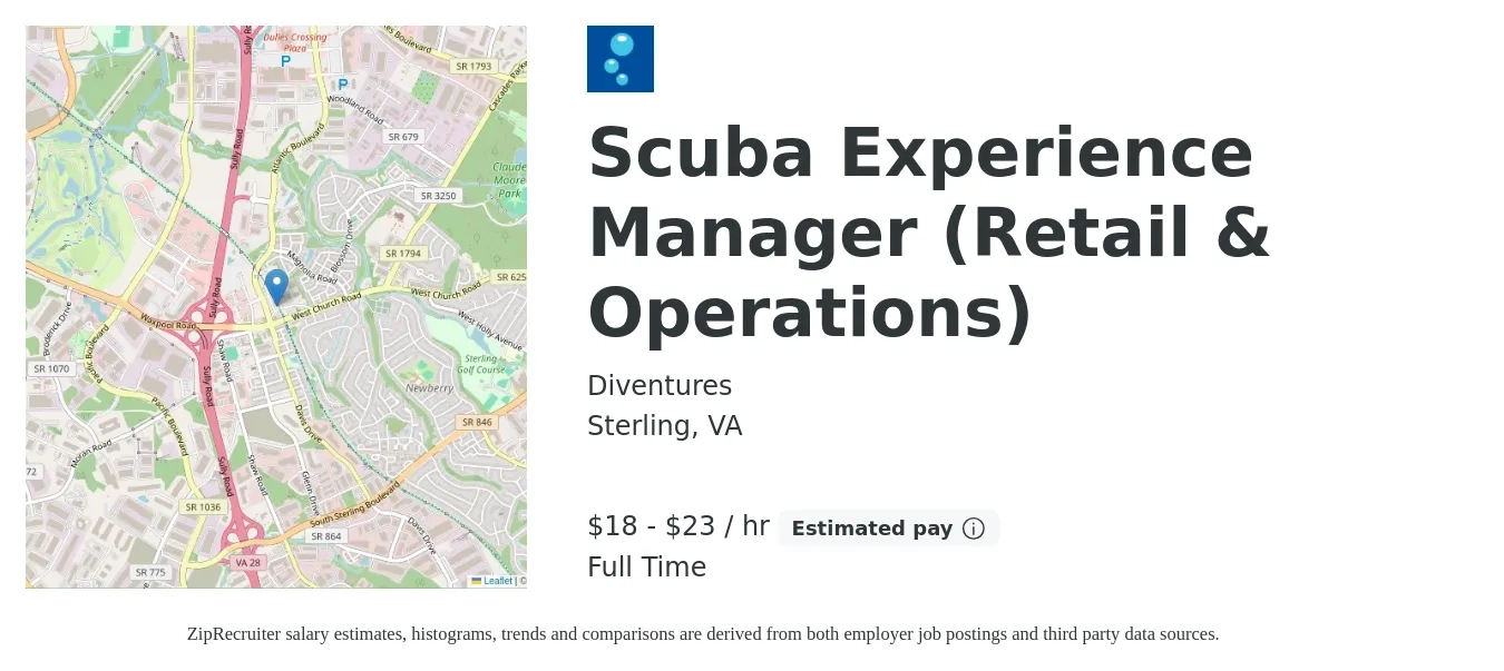 Diventures job posting for a Scuba Experience Manager (Retail & Operations) in Sterling, VA with a salary of $40,000 to $50,000 Yearly with a map of Sterling location.
