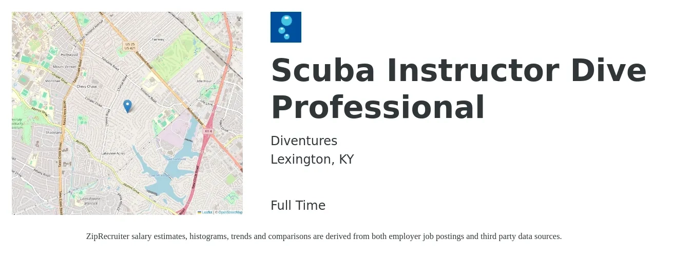 Diventures job posting for a Scuba Instructor Dive Professional in Lexington, KY with a salary of $14 to $23 Hourly with a map of Lexington location.