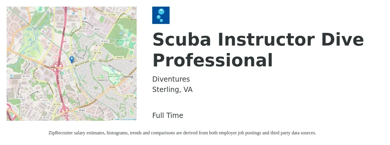 Diventures job posting for a Scuba Instructor Dive Professional in Sterling, VA with a salary of $16 to $26 Hourly with a map of Sterling location.