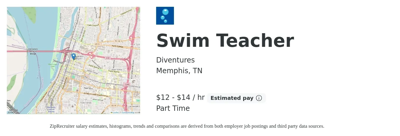 Diventures job posting for a Swim Teacher in Memphis, TN with a salary of $13 to $15 Hourly with a map of Memphis location.