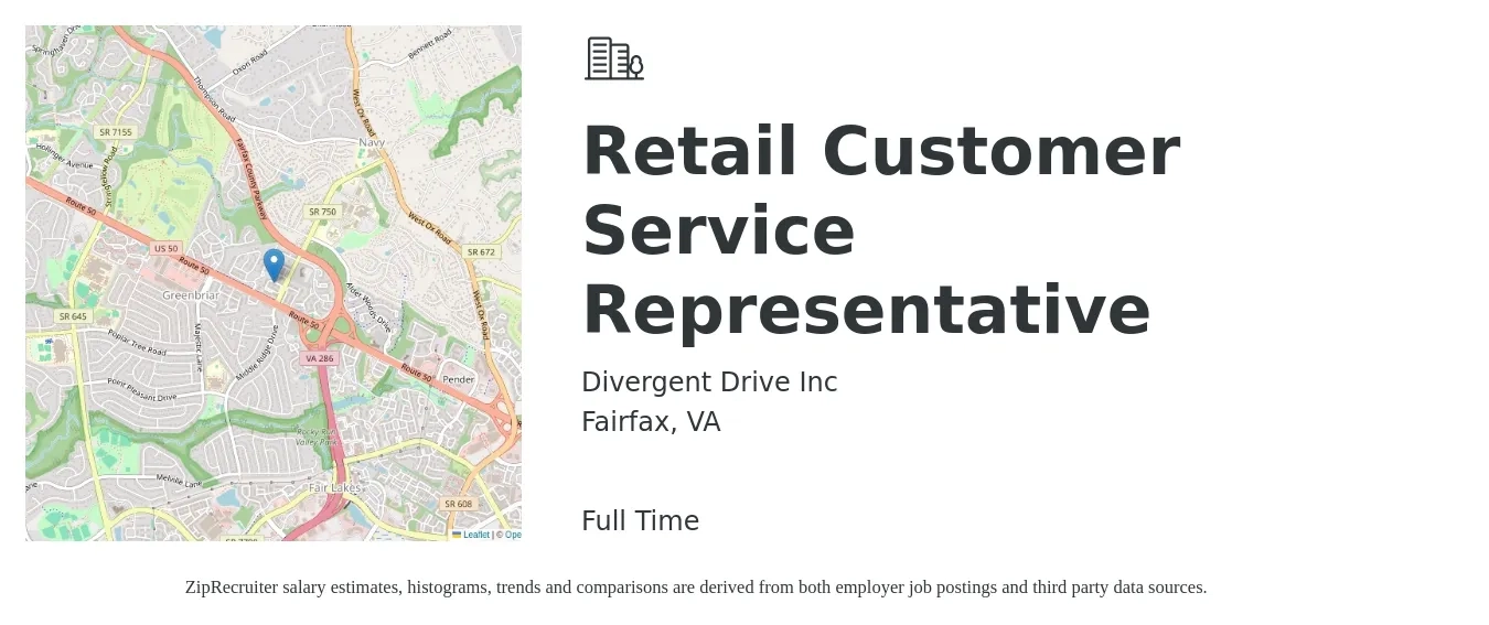 Divergent Drive Inc job posting for a Retail Customer Service Representative in Fairfax, VA with a salary of $16 to $20 Hourly with a map of Fairfax location.