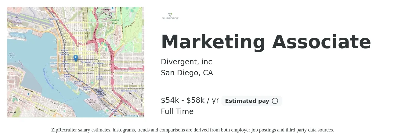 Divergent, inc job posting for a Marketing Associate in San Diego, CA with a salary of $54,000 to $58,000 Yearly with a map of San Diego location.