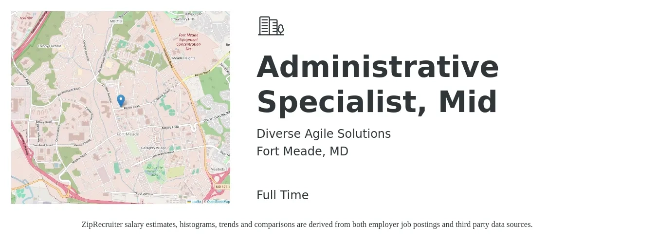 Diverse Agile Solutions job posting for a Administrative Specialist, Mid in Fort Meade, MD with a salary of $51,800 to $70,200 Yearly with a map of Fort Meade location.