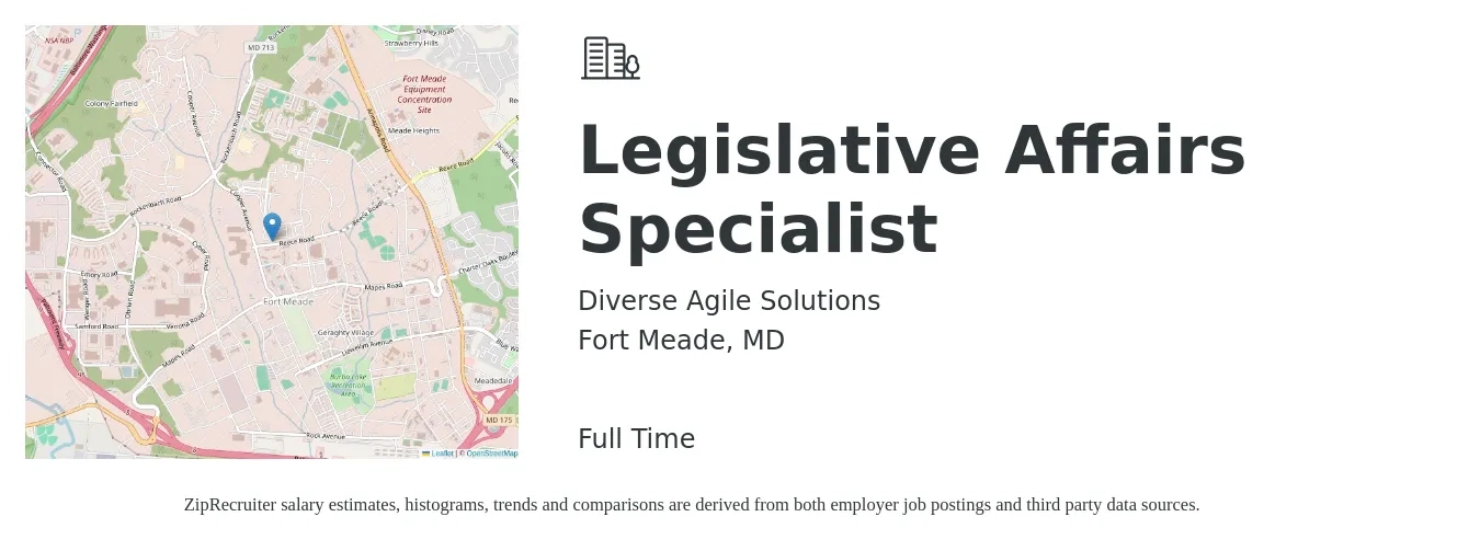 Diverse Agile Solutions job posting for a Legislative Affairs Specialist in Fort Meade, MD with a salary of $104,700 to $147,600 Yearly with a map of Fort Meade location.