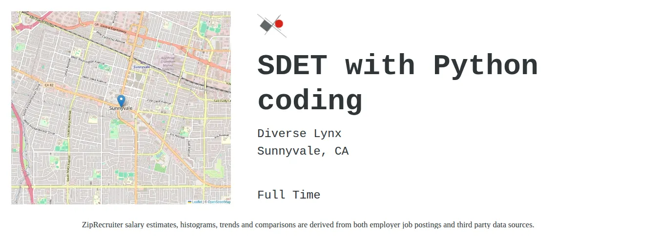Diverse Lynx job posting for a SDET with Python coding in Sunnyvale, CA with a salary of $59 to $81 Hourly with a map of Sunnyvale location.