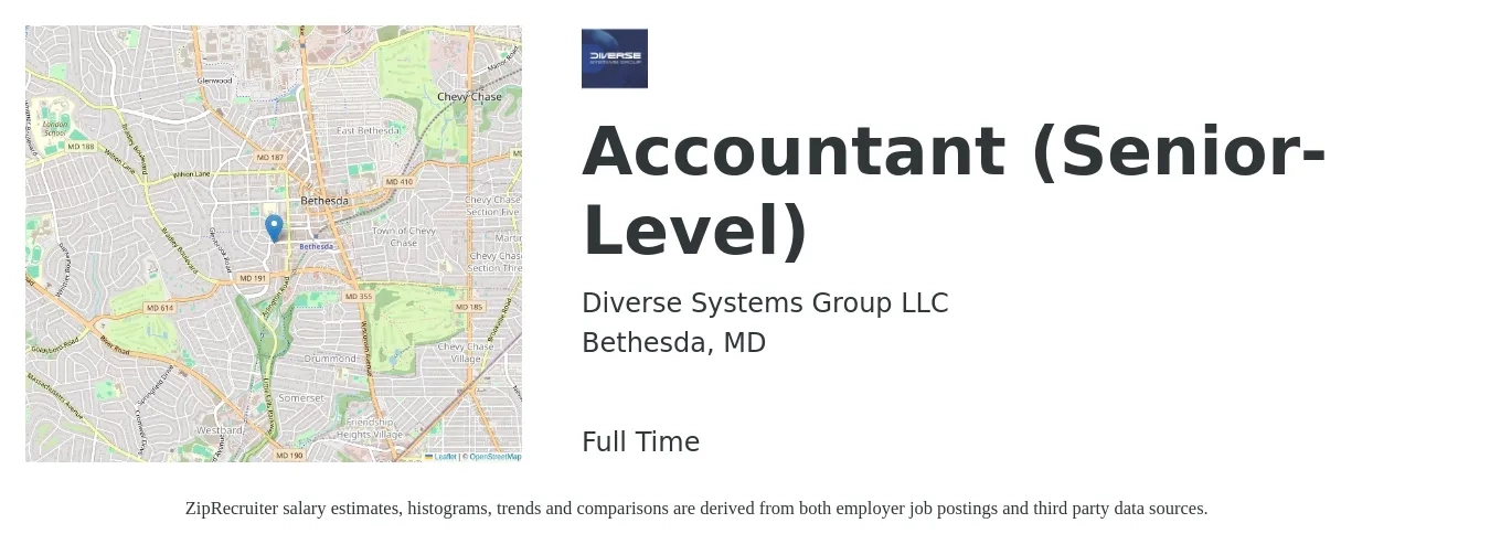 Diverse Systems Group LLC job posting for a Accountant (Senior-Level) in Bethesda, MD with a salary of $79,300 to $99,700 Yearly with a map of Bethesda location.
