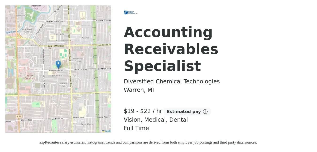 Diversified Chemical Technologies job posting for a Accounting Receivables Specialist in Warren, MI with a salary of $20 to $23 Hourly and benefits including dental, life_insurance, medical, pto, retirement, and vision with a map of Warren location.