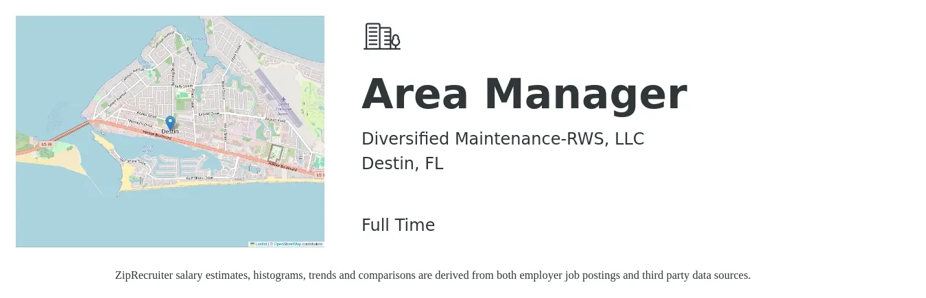 Diversified Maintenance-RWS, LLC job posting for a Area Manager in Destin, FL with a salary of $34,900 to $64,900 Yearly with a map of Destin location.