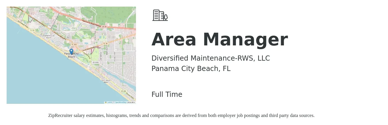 Diversified Maintenance-RWS, LLC job posting for a Area Manager in Panama City Beach, FL with a salary of $34,200 to $63,500 Yearly with a map of Panama City Beach location.