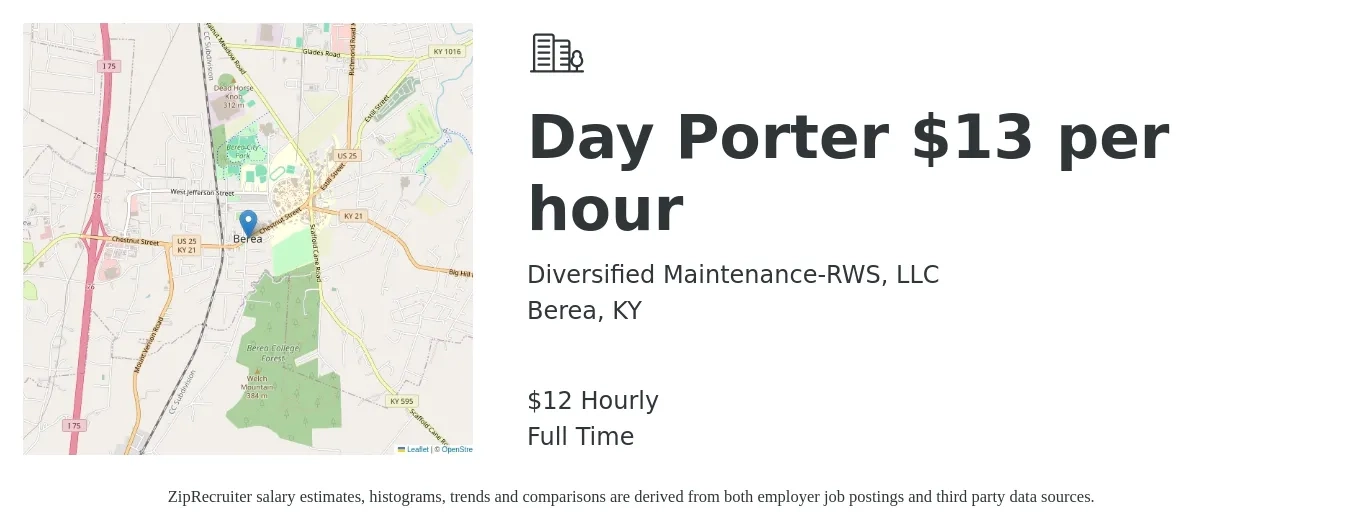 Diversified Maintenance-RWS, LLC job posting for a Day Porter $13 per hour in Berea, KY with a salary of $13 Hourly with a map of Berea location.