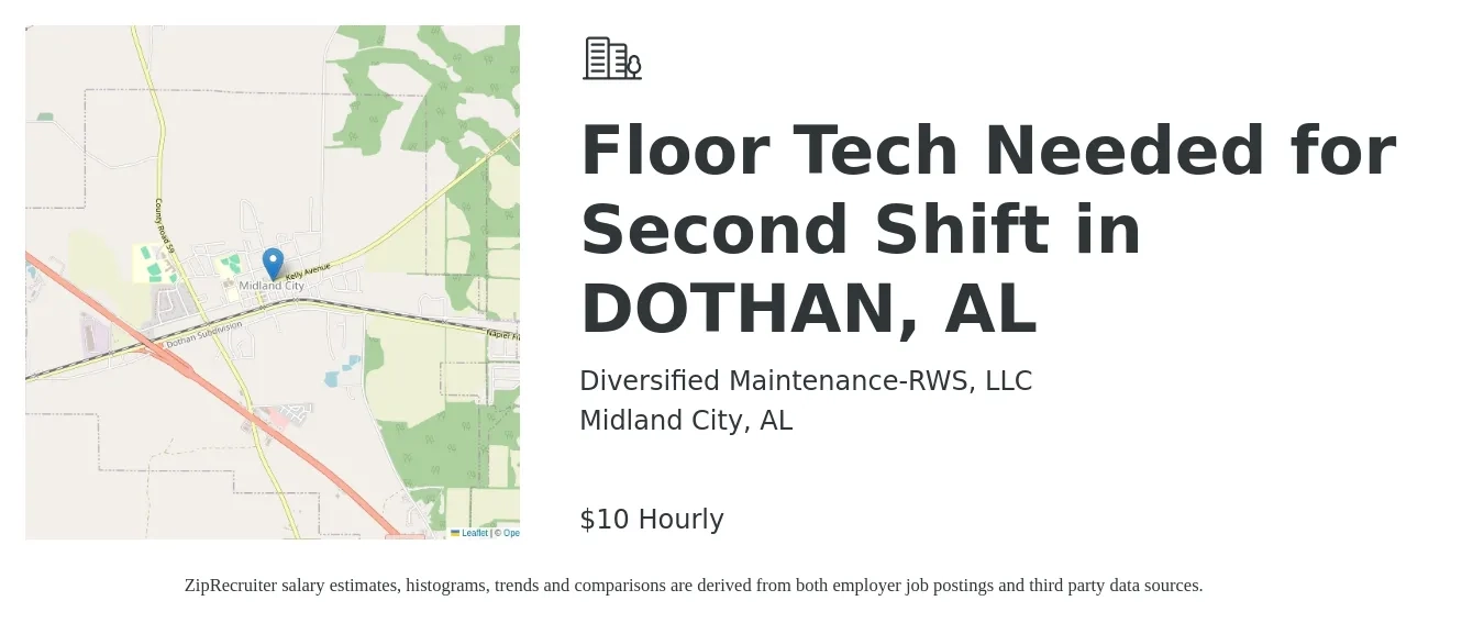 Diversified Maintenance-RWS, LLC job posting for a Floor Tech Needed for Second Shift in DOTHAN, AL in Midland City, AL with a salary of $11 Hourly with a map of Midland City location.