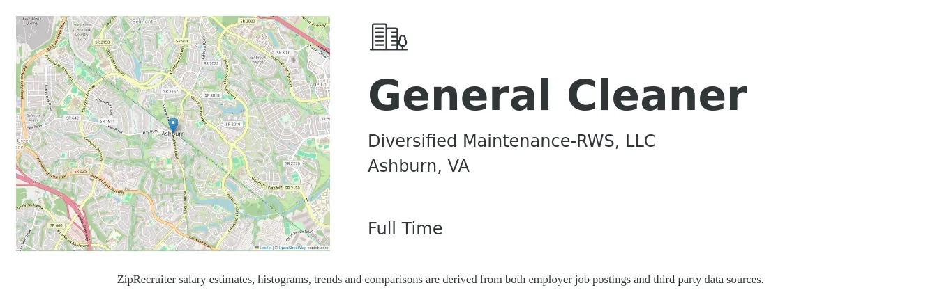 Diversified Maintenance-RWS, LLC job posting for a General Cleaner in Ashburn, VA with a salary of $14 to $17 Hourly with a map of Ashburn location.