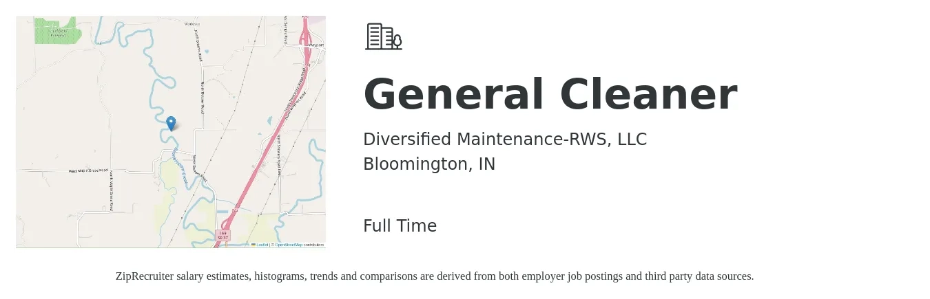 Diversified Maintenance-RWS, LLC job posting for a General Cleaner in Bloomington, IN with a salary of $12 to $14 Hourly with a map of Bloomington location.
