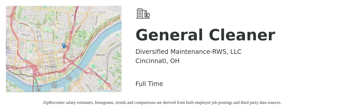 Diversified Maintenance-RWS, LLC job posting for a General Cleaner in Cincinnati, OH with a salary of $14 to $16 Hourly with a map of Cincinnati location.