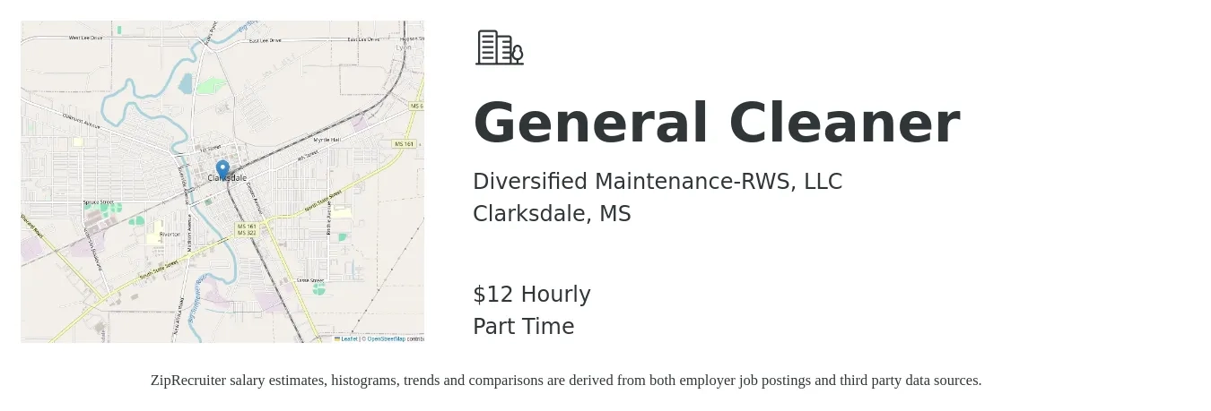 Diversified Maintenance-RWS, LLC job posting for a General Cleaner in Clarksdale, MS with a salary of $12 Hourly with a map of Clarksdale location.