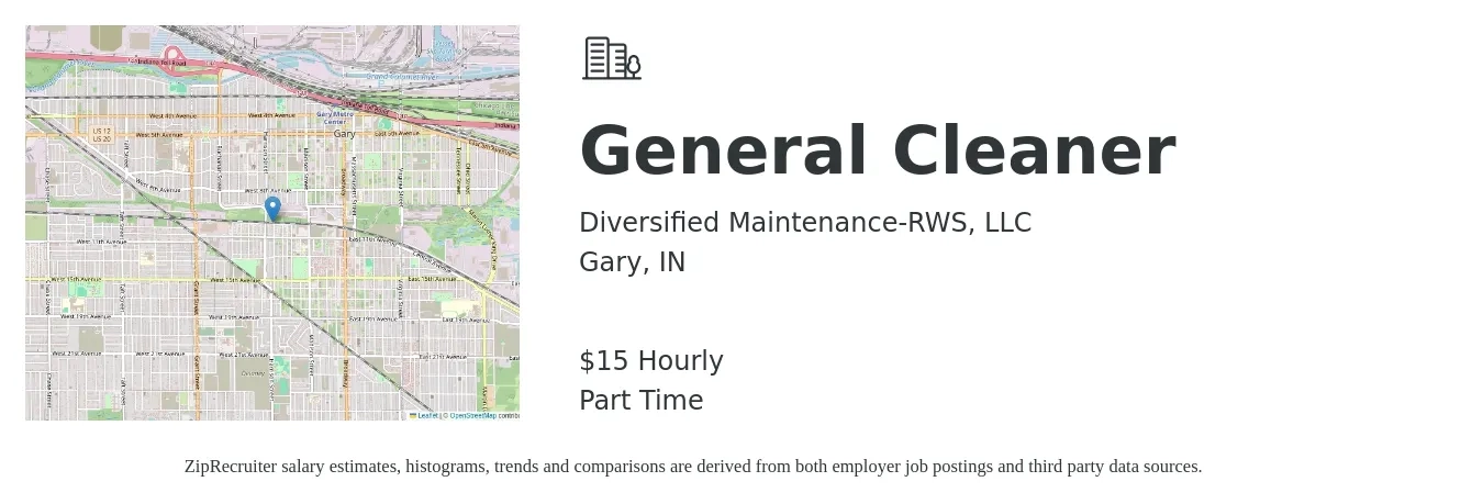 Diversified Maintenance-RWS, LLC job posting for a General Cleaner in Gary, IN with a salary of $16 Hourly with a map of Gary location.