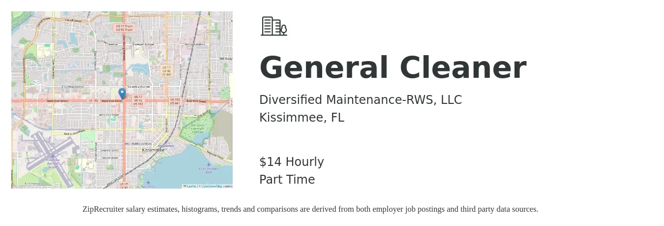 Diversified Maintenance-RWS, LLC job posting for a General Cleaner in Kissimmee, FL with a salary of $12 to $14 Hourly with a map of Kissimmee location.