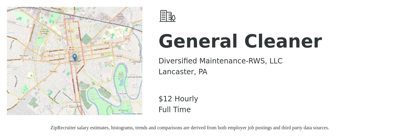 Diversified Maintenance-RWS, LLC job posting for a General Cleaner in Lancaster, PA with a salary of $13 Hourly with a map of Lancaster location.