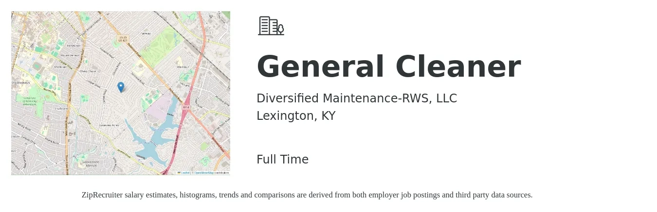 Diversified Maintenance-RWS, LLC job posting for a General Cleaner in Lexington, KY with a salary of $12 to $14 Hourly with a map of Lexington location.