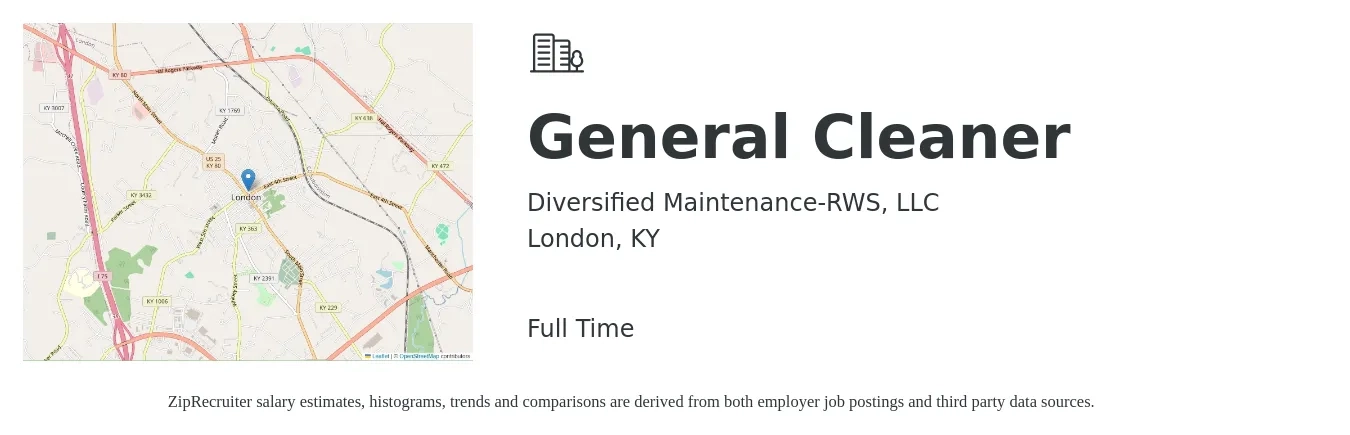Diversified Maintenance-RWS, LLC job posting for a General Cleaner in London, KY with a salary of $12 to $14 Hourly with a map of London location.