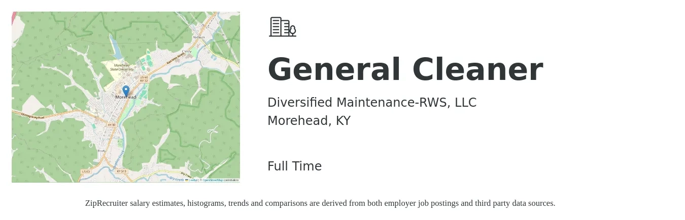 Diversified Maintenance-RWS, LLC job posting for a General Cleaner in Morehead, KY with a salary of $12 to $14 Hourly with a map of Morehead location.