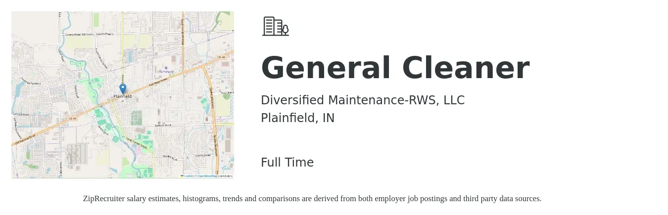 Diversified Maintenance-RWS, LLC job posting for a General Cleaner in Plainfield, IN with a salary of $14 to $16 Hourly with a map of Plainfield location.
