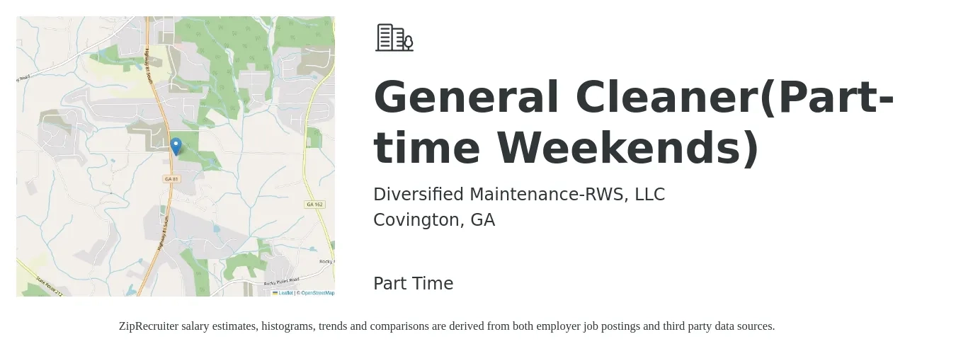 Diversified Maintenance-RWS, LLC job posting for a General Cleaner(Part-time Weekends) in Covington, GA with a salary of $12 to $14 Hourly with a map of Covington location.